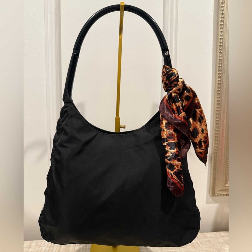 Prada Black Nylon Shoulder Bag w/ Lucite Handle & Leopard Twilly EUC